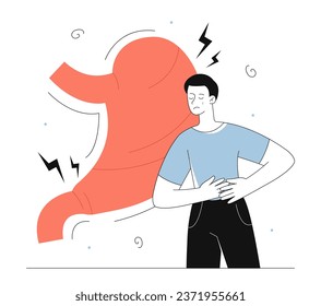 Man with gastric problems line. Young guy suffer from pain in stomach. Medical infographic. Healthcare and treatment. Linear flat vector illustration isolated on white background