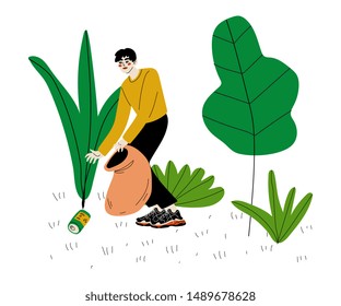 Man Gathering Garbage and Plastic Waste for Recycling, Male Volunteer Picking Up Litter in Park, Volunteering, Ecological Lifestyle Vector Illustration