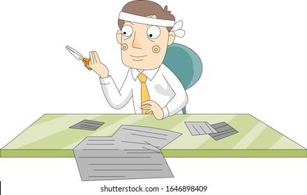 Man gathering papers while reading newspaper