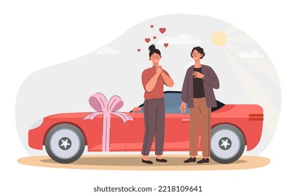 Man gave car. Woman rejoices at luxurious and expensive gift from her boyfriend. Happy family or young couple. Romantic date, love and care. Poster or banner. Cartoon flat vector illustration