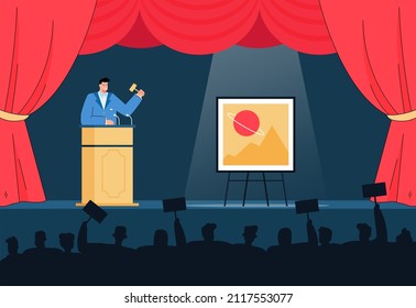 Man with gavel selling valuable painting in real time. Crowd of buyers bidding prices for picture from gallery flat vector illustration. Art auction concept for banner, website design or landing page