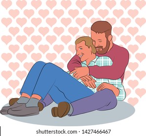 A man is gay hugging a man. Happy guy in the arms of his beloved man. Two gay. Vector illustration for the design of prints.