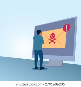 A man gazes at a computer screen displaying a skull and crossbones symbol, suggesting danger or warning.Illustration of cyber attack and digital safety.