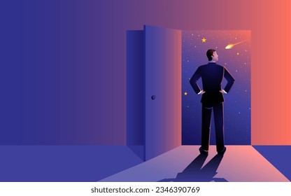 Man gazes through an open door, facing the vastness of outer space. Concept for, Imaginative exploration, embodying the pursuit of the unknown, the strength of knowledge, and the essence of discovery