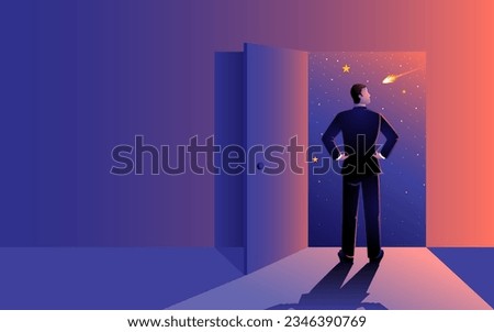 Man gazes through an open door, facing the vastness of outer space. Concept for, Imaginative exploration, embodying the pursuit of the unknown, the strength of knowledge, and the essence of discovery