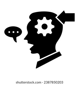 Man with gear in head, arrow, speech bubble solid icon, thought concept, interpreter vector sign on white background, glyph style icon for mobile concept and web design. Vector graphics