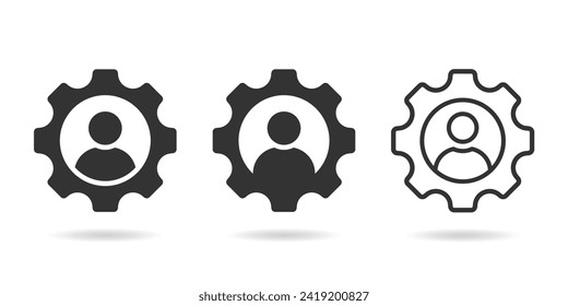Man in gear icon. Man and cog sign. Manager black icon Flat vector illustration.