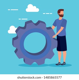 man with gear industry and clouds over blue background