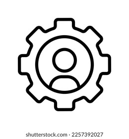 Man with gear line icon. Setting, configuration, reminder, installation, tuning, alinement. Setup concept. Vector line icon on white background