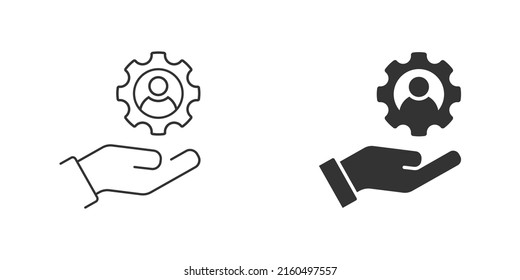 Hombre y equipo en una mano. Icono de administración. Ilustración vectorial plana.