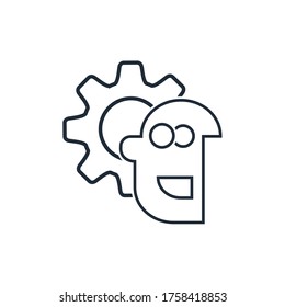 Man and gear. Personal technical development, improvement. Vector linear icon isolated on white background.
