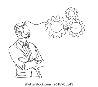 Hombre y engranajes, dibujado en una línea sobre un fondo blanco. Dibujo de una línea. Línea continua. Vector. Trazo editable.