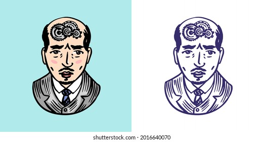 A Man With Gears In His Brain. Psychology Concept. Thinking Process. Retro Vector Illustration For Woodcut Or Print. Hand Drawn.