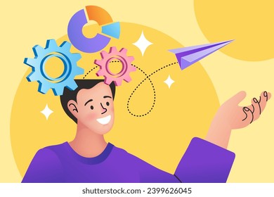 Hombre con los engranajes en la cabeza. Empresario con icono empresarial en su cerebro. Curso de aprendizaje. Terapia psicológica. la cabeza de un hombre mostrando los cogs dentro de su cabeza que representan el cerebro y el proceso de pensamiento. vector