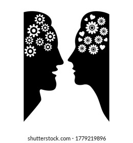 Man with gears and woman with flowers and hearts in heads. The concept of different thinking between a man and a woman. Black silhouettes of faces. Vector illustration.