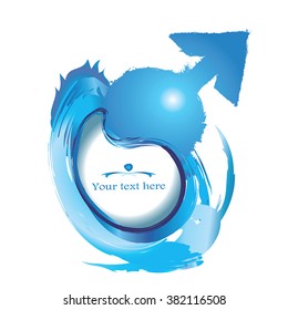 Man gender symbol vector on  watercolor frame . Abstract blue water color splashes painting grunge frame. Water drop shape frame.On white. Male sexual health concept, men only, man nature.
