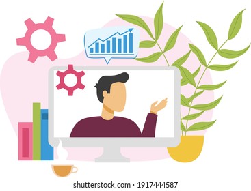 Man generating ideas, online communication. Flat design illustration. Vector