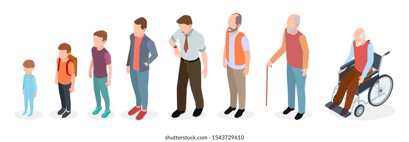 Man generations. Isometric adult, vector male characters, kids, boy, old man, human age evolution