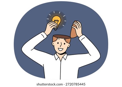 O gênio do homem com a nova ideia tira a lâmpada da cabeça após o brainstorming e a busca de oportunidades para alcançar o sucesso. Criativo cara surge com ideia para campanha de marketing para empresa