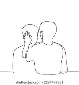 man gently and intimately touches another man's hair one line drawing vector. concept flirt, love, care