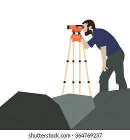 Man with geodetic instrument on the rock. The work of the surveyor. Device and a man on a white background.
