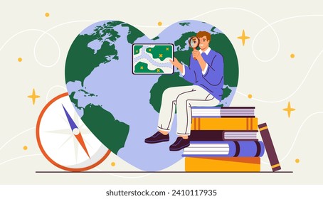 Man with geography concept. Young guy with magnifying glass look at map. Character sitting at stack of books at background of planet. Education and training. Cartoon flat vector illustration