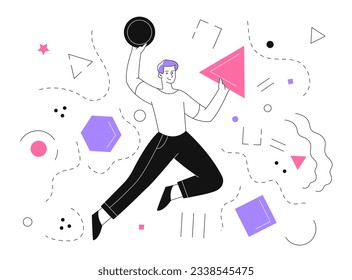 Man with geometric figures line concept. Cyberspace and virtual reality, metauniverse. Young guy with colorful triangles and squares. Art and creativity. Linear flat vector illustration