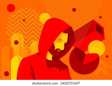 Man with geometrical graphic retro theme background. Minimal geometric elements. Vintage abstract shapes vector illustration.