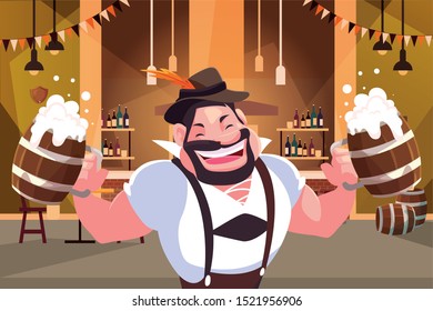 man with german traditional dress drink beer in bar Oktoberfest celebration vector illustration design