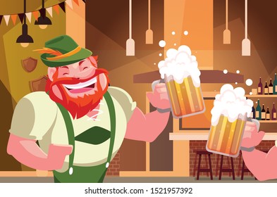 man with german traditional dress drink beer in bar Oktoberfest celebration vector illustration design