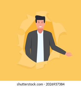 A man with a gesture selling things out of torn paper