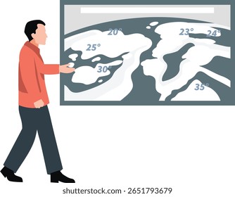 The man gestures animatedly, describing varied temperatures across a map: warm hues for tropical zones, cool blues for Arctic regions.
