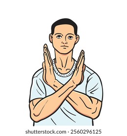 Man gestures cross hands say no cartoon vector illustration