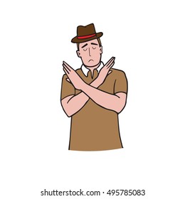 Man gestures cross hands say no cartoon drawing