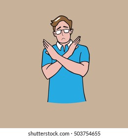 Man gestures cross hands say no cartoon drawing