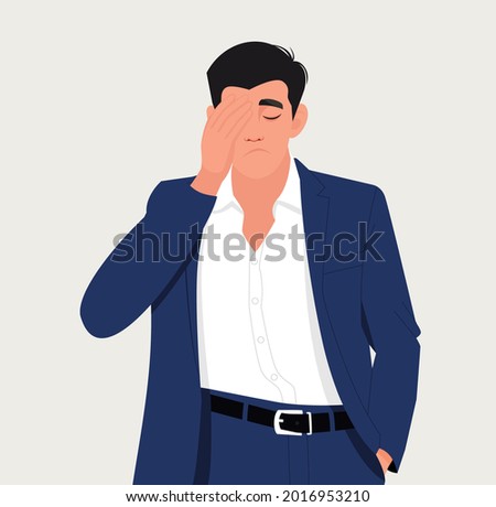 Man with a gestures facepalm. Headache, disappointment or shame. Vector illustration in cartoon style