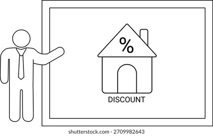 El hombre hace gestos a una Imagen enmarcada de una casa con un signo porcentual y la palabra DESCUENTO debajo de ella