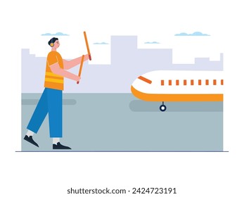 Mann mit Gesten und Lichtern, um das Flugzeug während der Landung zu lenken, Parken auf dem Flughafengelände. Designzeichen. Vektorgrafik