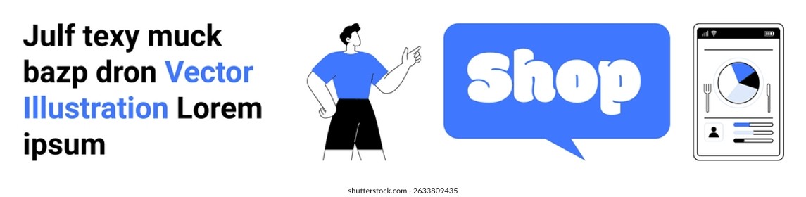A man gestures next to a speech bubble with the word Shop and a mobile device displaying analytics. Ideal for e-commerce, mobile apps, online shopping, digital marketing, and web design. Banner