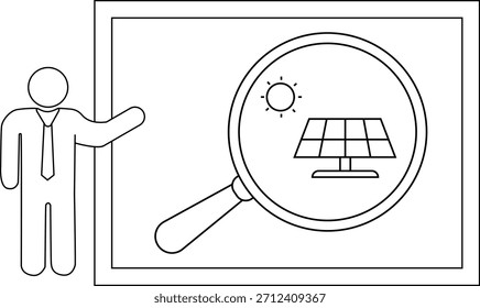 Muchos gestos a una pantalla que muestra un panel solar bajo una lupa