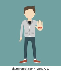The man gestures a stop sign. Vector illustration flat design