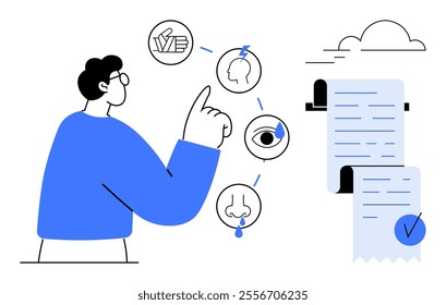 A man gestures toward five sensory system icons including touch, hearing, sight, and smell. Beside him is a detailed checklist with a checkmark. Ideal for education, health, sensory processing