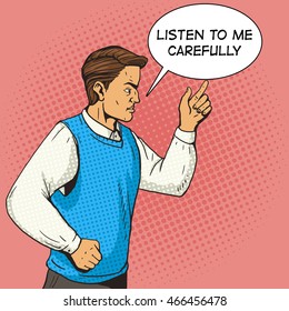 Man gesturing and argues. Cartoon pop art vector illustration. Human comic book vintage retro style.