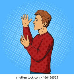 Man gesturing and argues. Cartoon pop art vector illustration. Human comic book vintage retro style.
