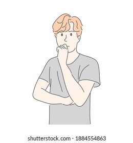 Man gesturing with hand in concept not sure, question, find answer, thinking.