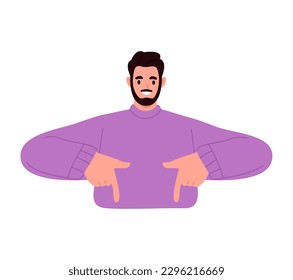 Man gesturing with hand, presenting. Flat vector illustration isolated on white background
