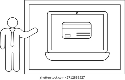 Hombre que hace gestos hacia una computadora portátil que muestra una tarjeta de crédito en una pantalla enmarcada