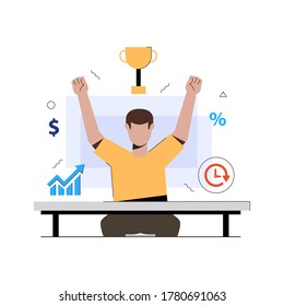A man get an achievement when he always on time and have a great progress on his workplace. Vector illustration with simple style