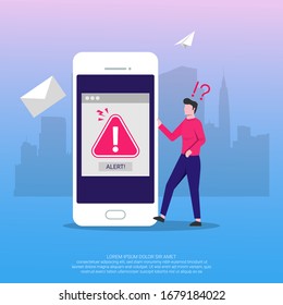 Man get alert notification on his smartphone screen device.  Alert symbol vector illustration template