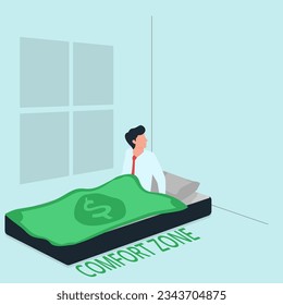 Man get up from bed with blanket money. Metaphor of escape from comfort zone.